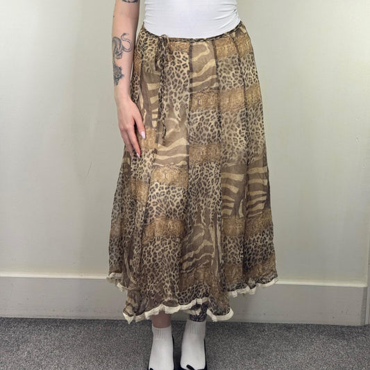 Y2K vintage silk maxi skirt animal print zebra leopard snake bow lace trim