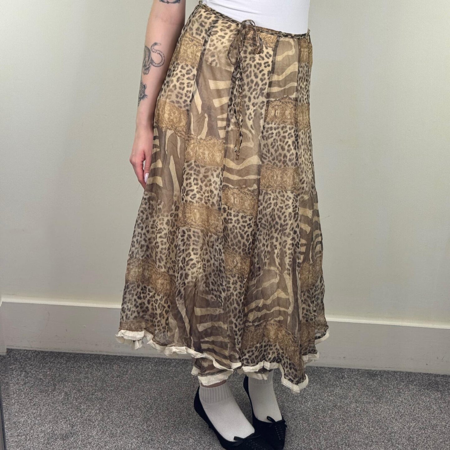 Y2K vintage silk maxi skirt animal print zebra leopard snake bow lace trim
