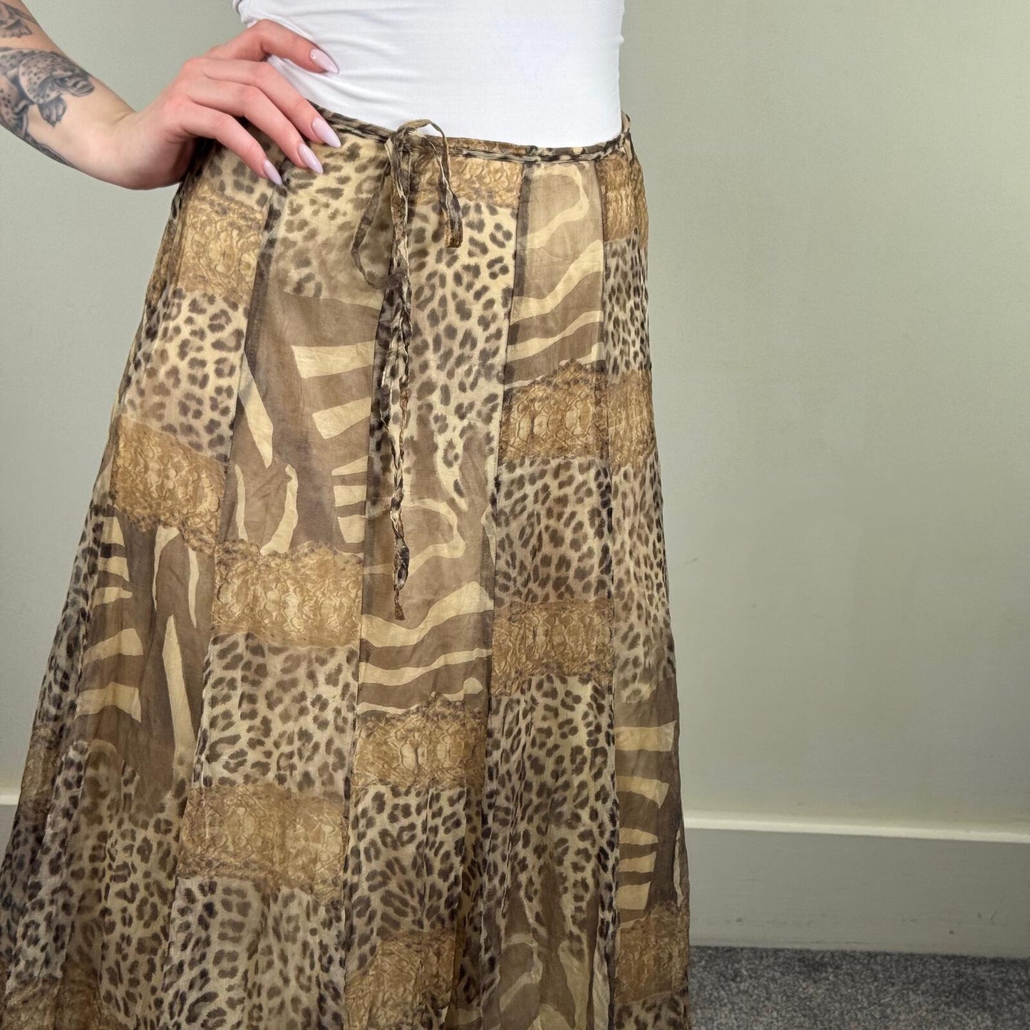 Y2K vintage silk maxi skirt animal print zebra leopard snake bow lace trim