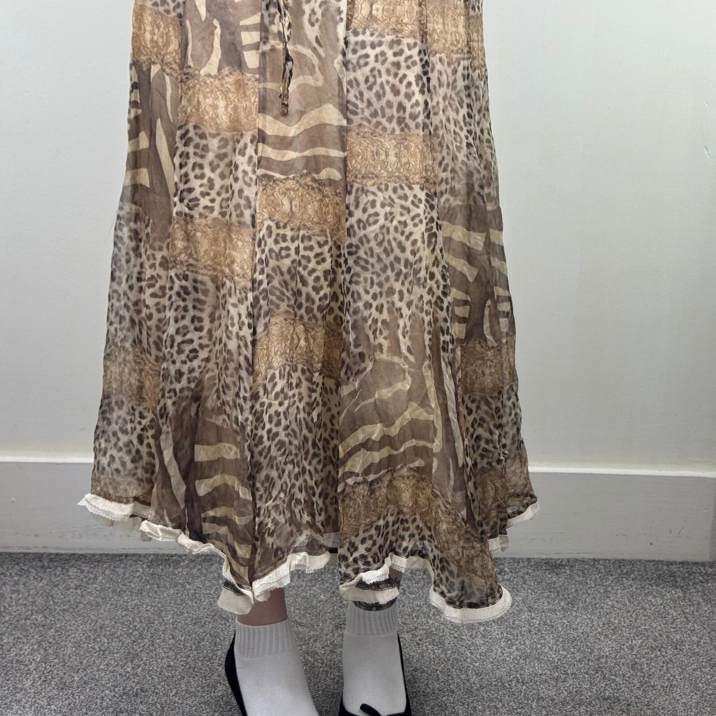 Y2K vintage silk maxi skirt animal print zebra leopard snake bow lace trim