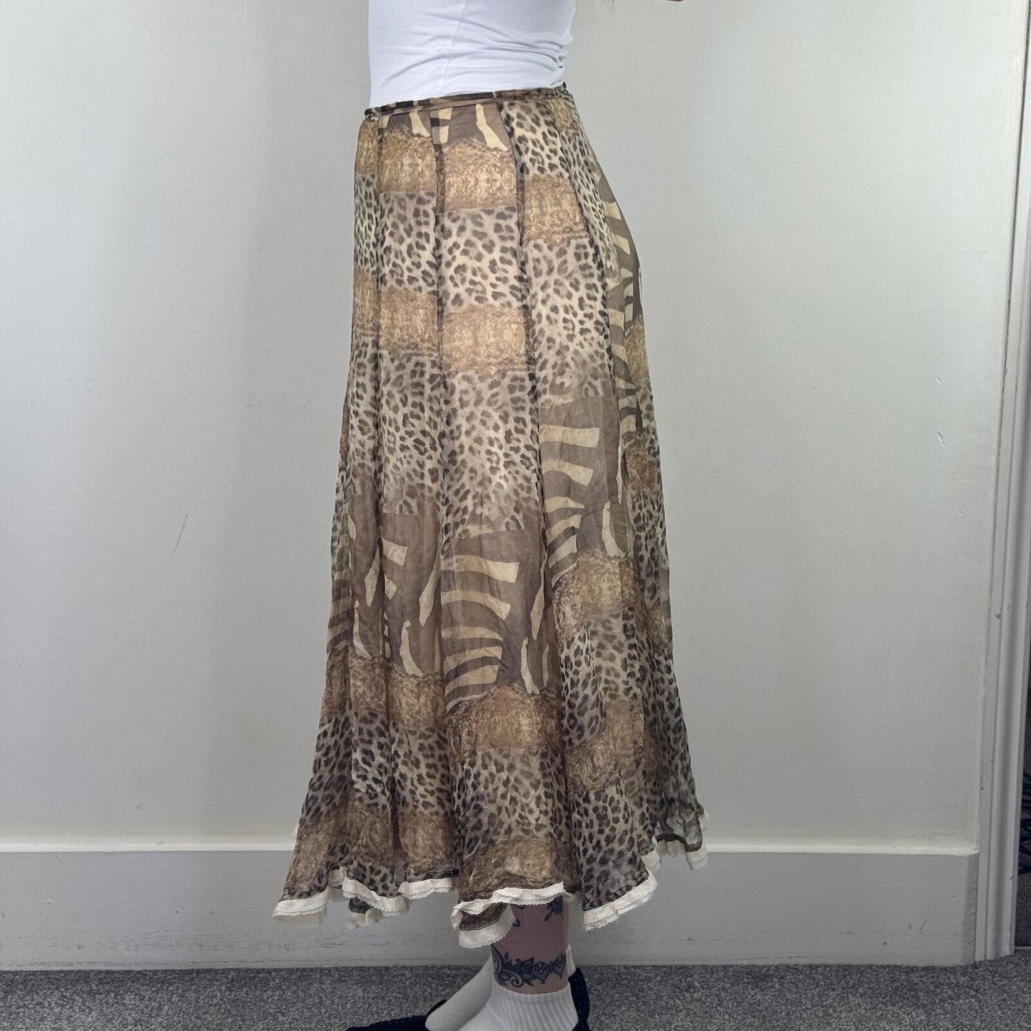 Y2K vintage silk maxi skirt animal print zebra leopard snake bow lace trim
