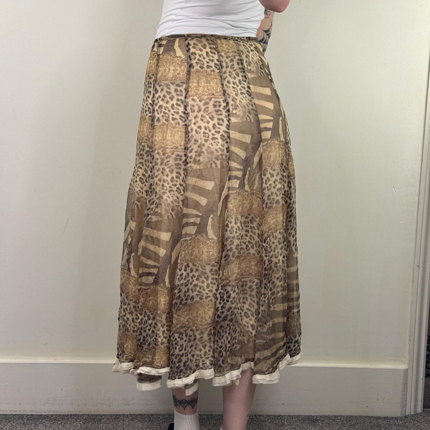 Y2K vintage silk maxi skirt animal print zebra leopard snake bow lace trim