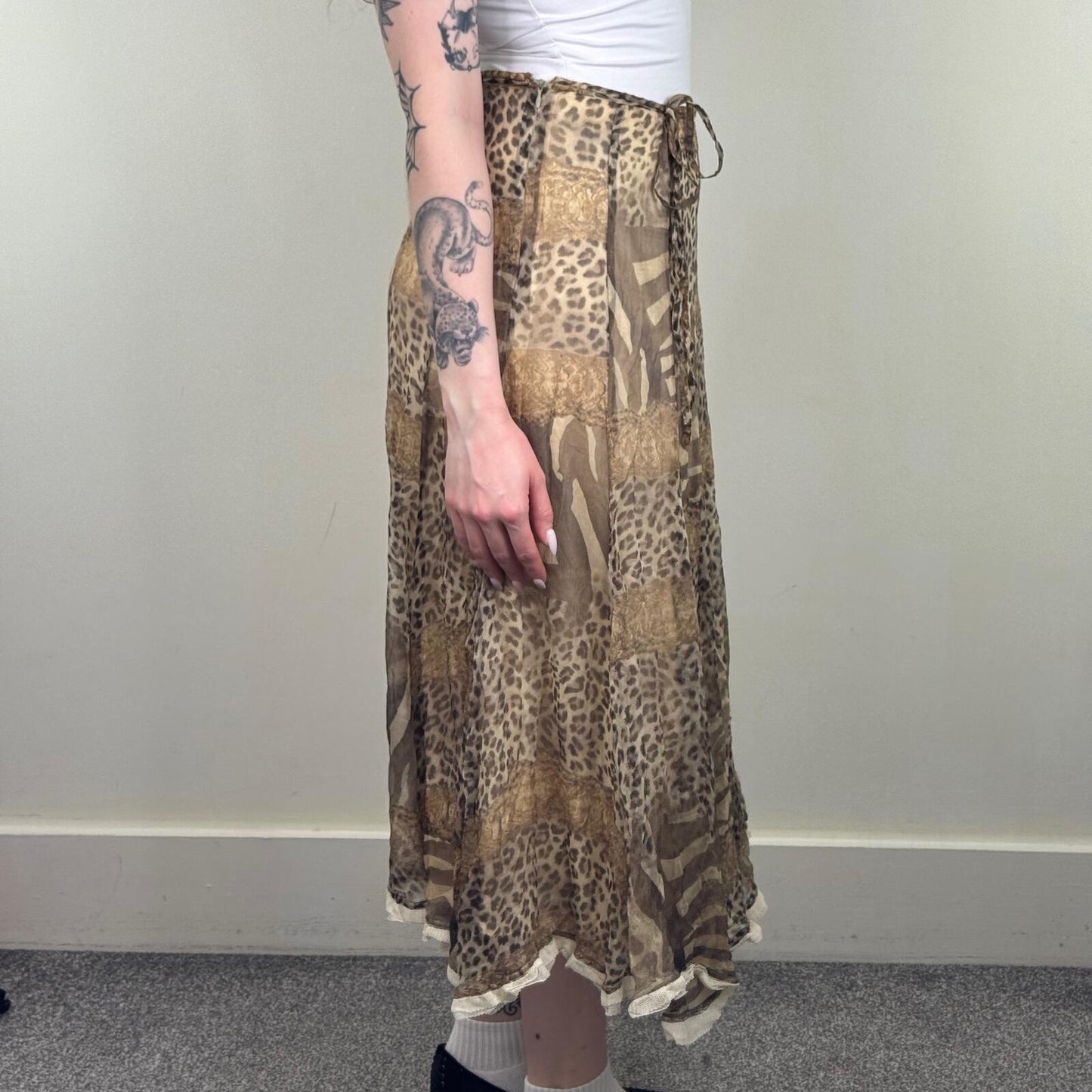 Y2K vintage silk maxi skirt animal print zebra leopard snake bow lace trim