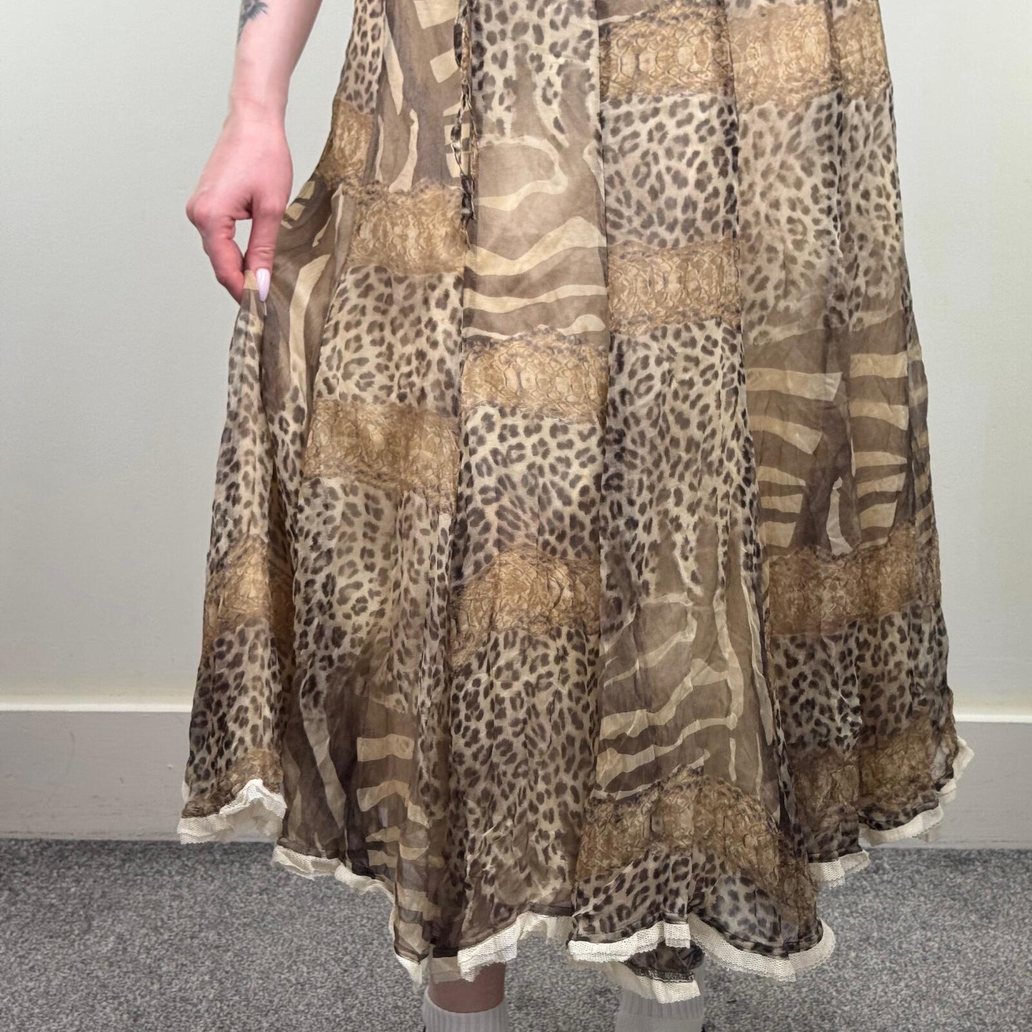 Y2K vintage silk maxi skirt animal print zebra leopard snake bow lace trim