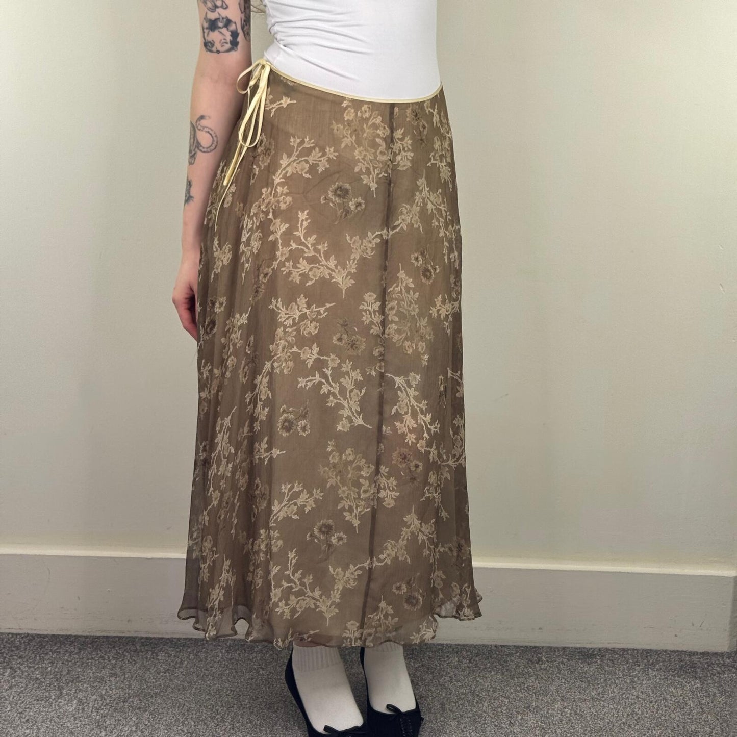 Y2K vintage silk maxi skirt floral bow double layer summer flowy lightweight