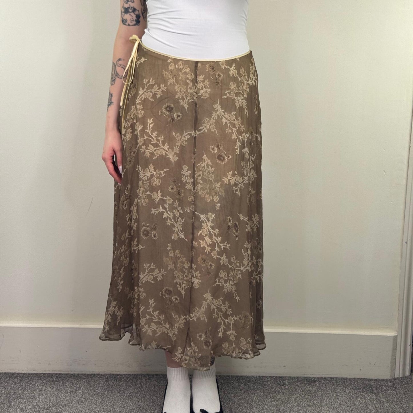 Y2K vintage silk maxi skirt floral bow double layer summer flowy lightweight