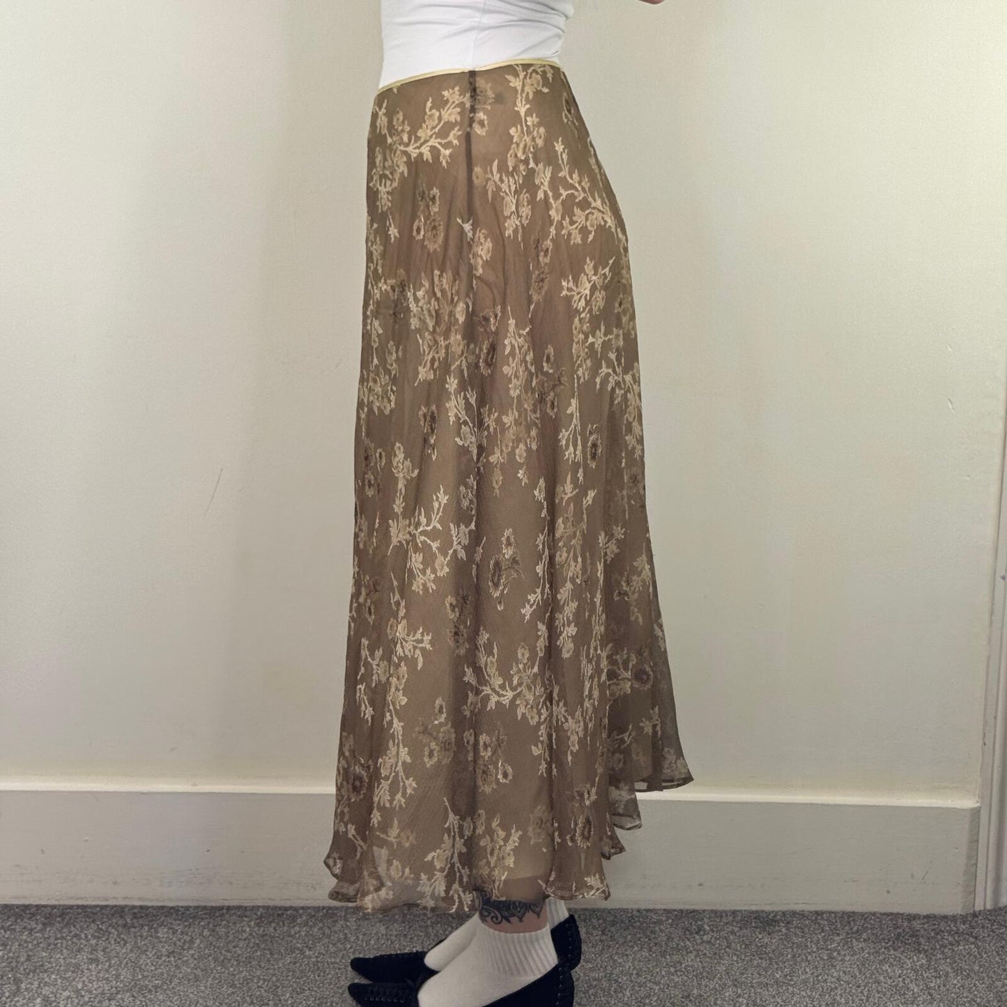 Y2K vintage silk maxi skirt floral bow double layer summer flowy lightweight