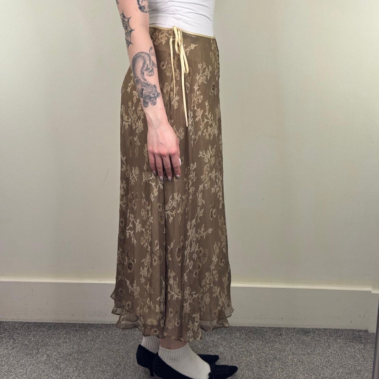 Y2K vintage silk maxi skirt floral bow double layer summer flowy lightweight