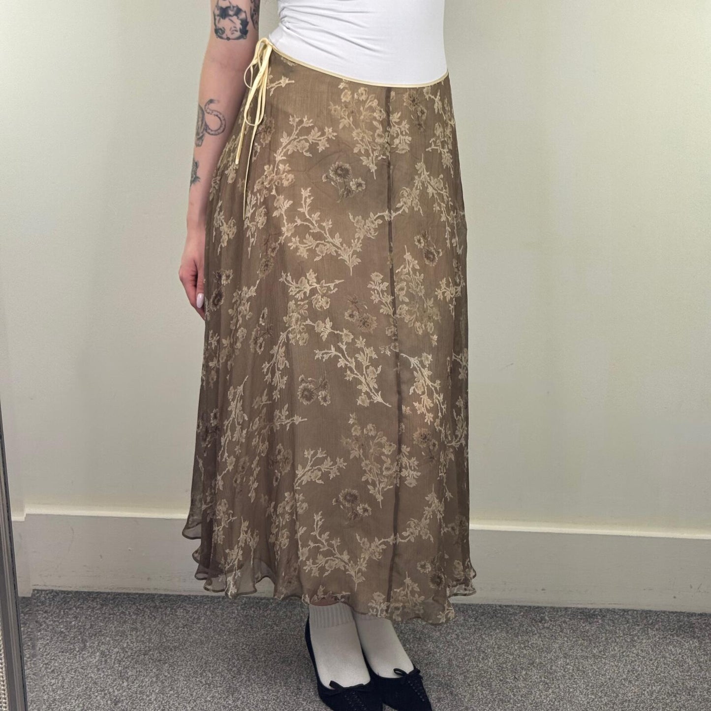 Y2K vintage silk maxi skirt floral bow double layer summer flowy lightweight