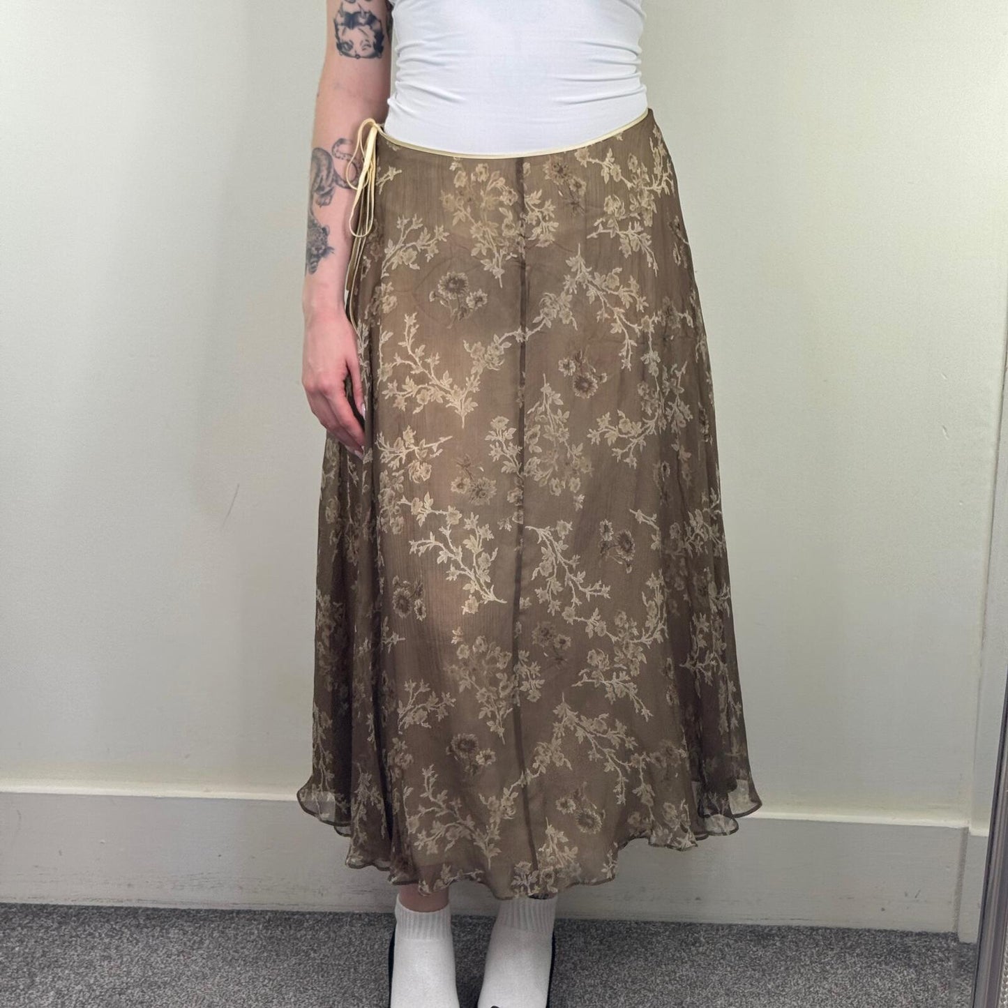 Y2K vintage silk maxi skirt floral bow double layer summer flowy lightweight