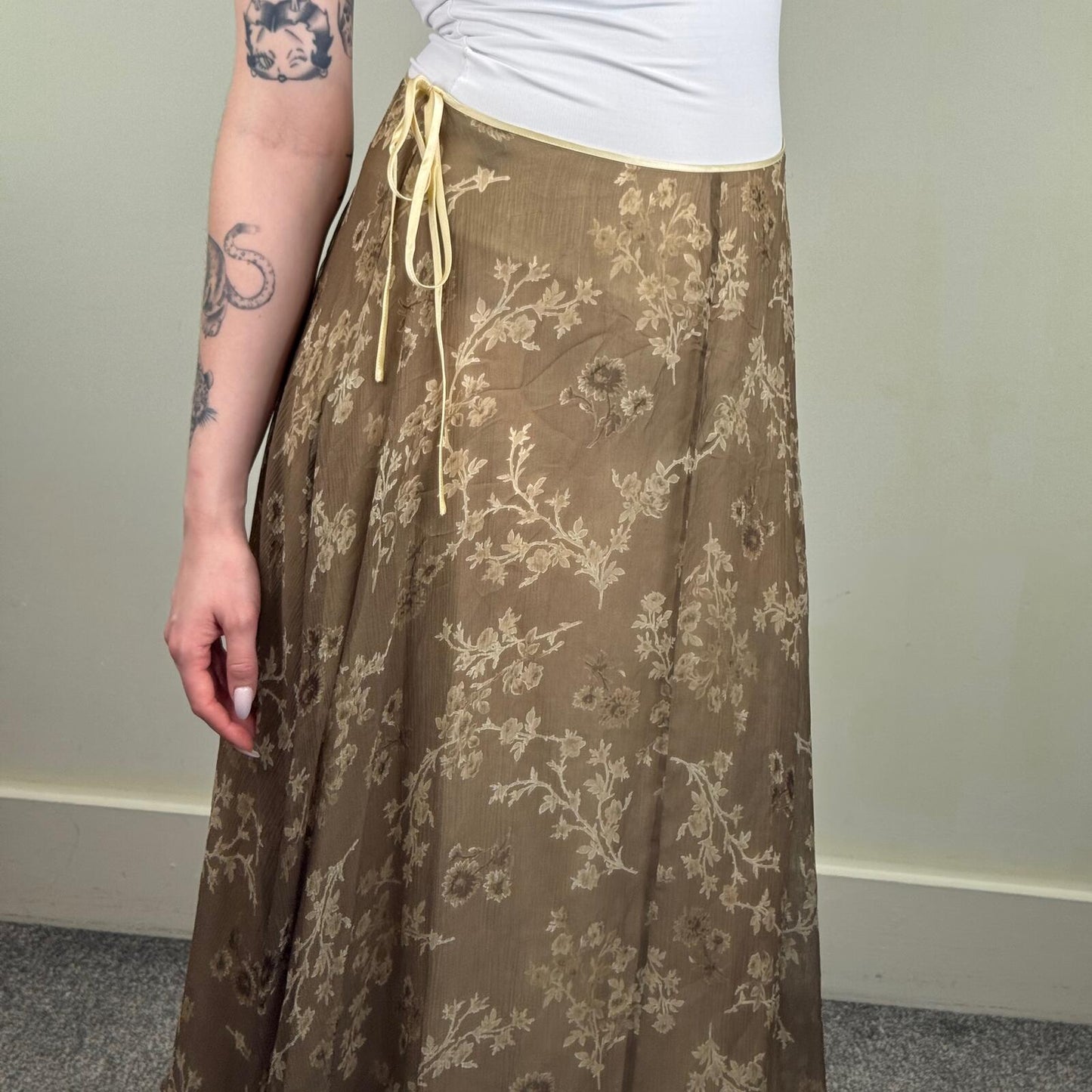 Y2K vintage silk maxi skirt floral bow double layer summer flowy lightweight