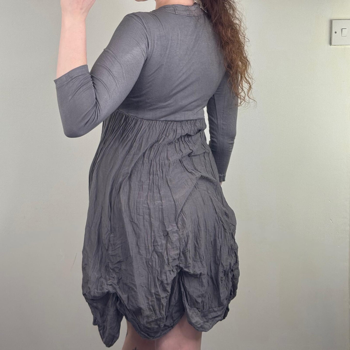 Y2K vintage silk blend midi dress ruffle archive 3/4 sleeve v neck ruched layer