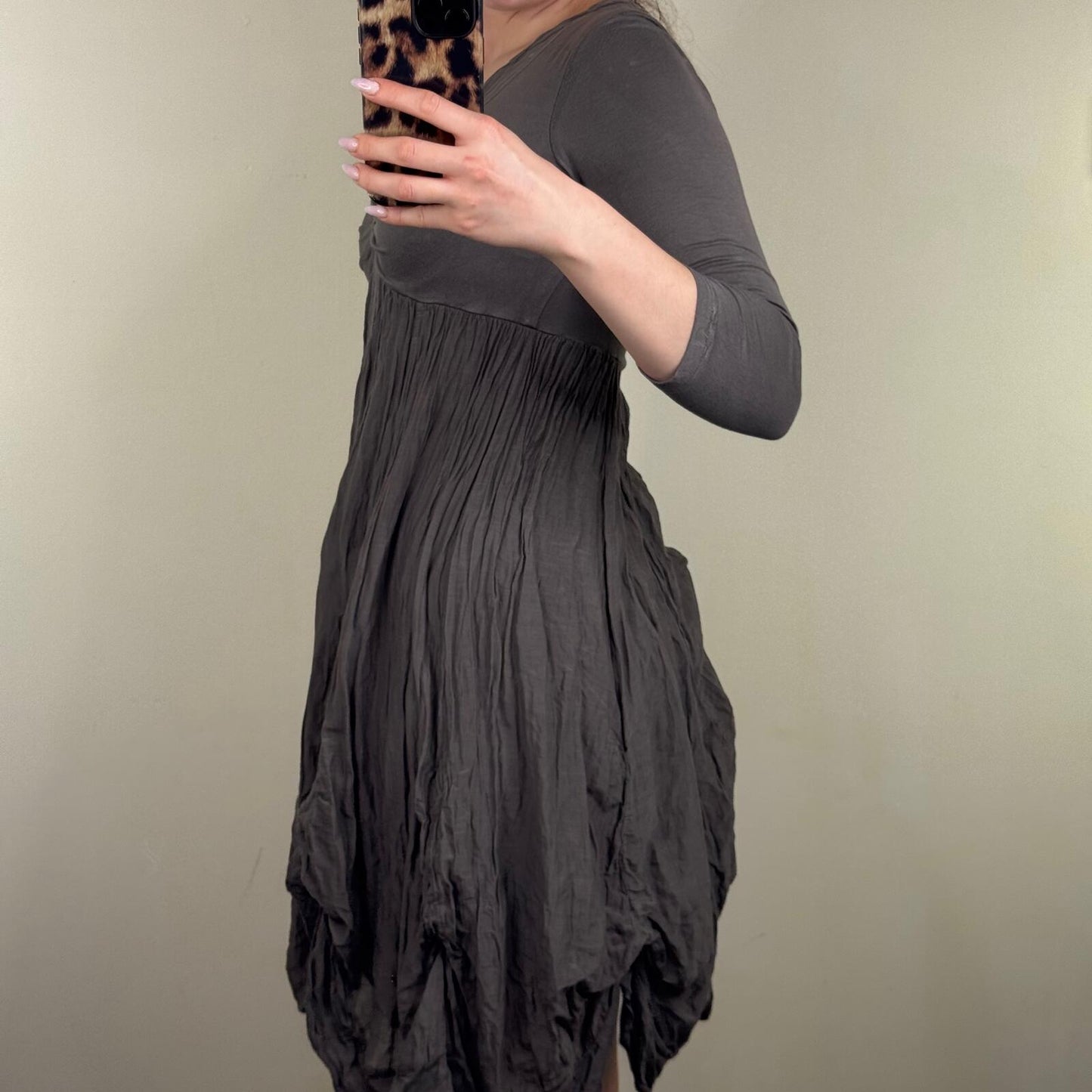 Y2K vintage silk blend midi dress ruffle archive 3/4 sleeve v neck ruched layer
