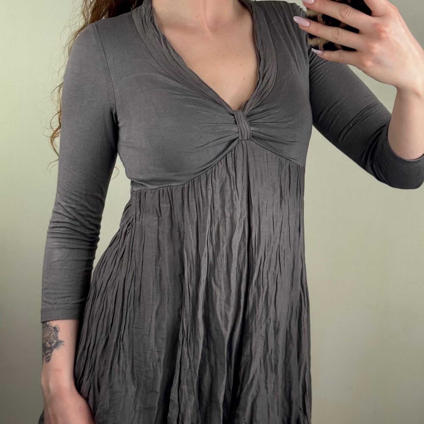 Y2K vintage silk blend midi dress ruffle archive 3/4 sleeve v neck ruched layer