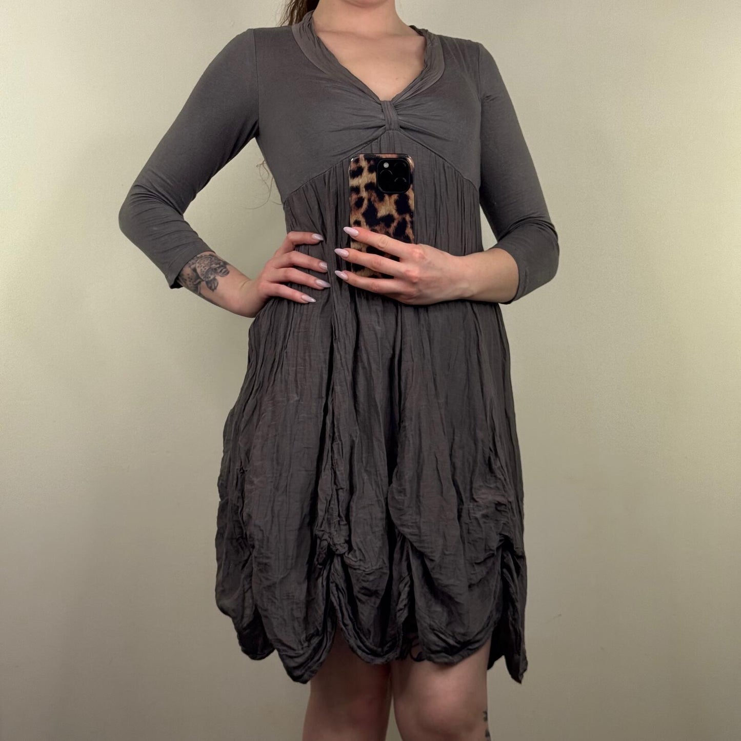 Y2K vintage silk blend midi dress ruffle archive 3/4 sleeve v neck ruched layer
