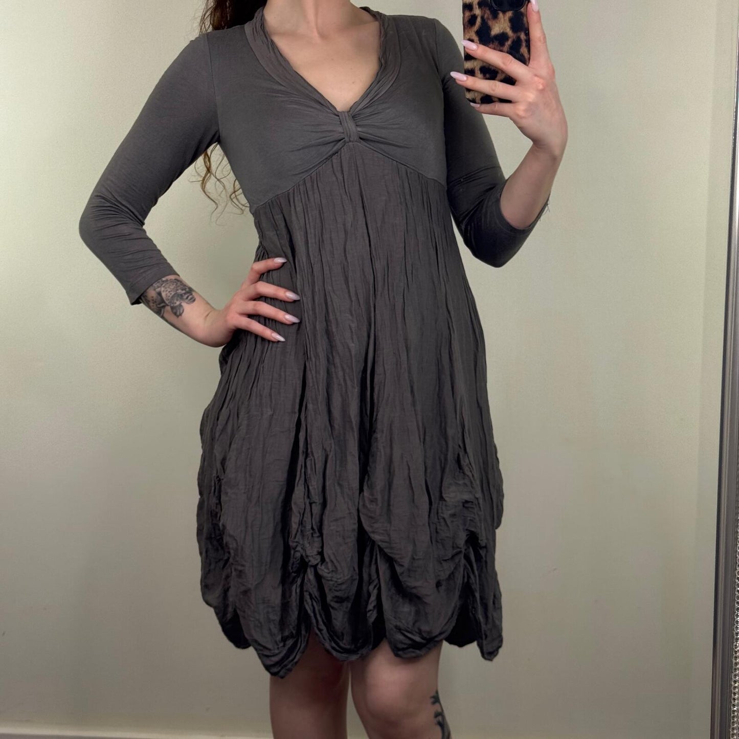 Y2K vintage silk blend midi dress ruffle archive 3/4 sleeve v neck ruched layer
