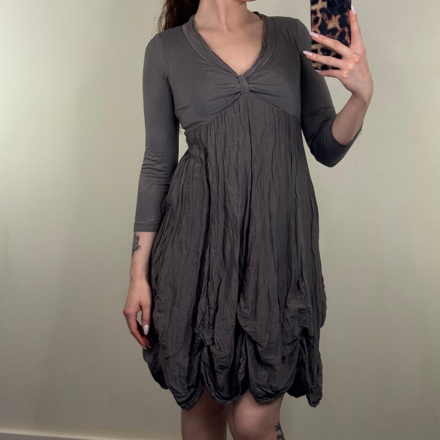 Y2K vintage silk blend midi dress ruffle archive 3/4 sleeve v neck ruched layer