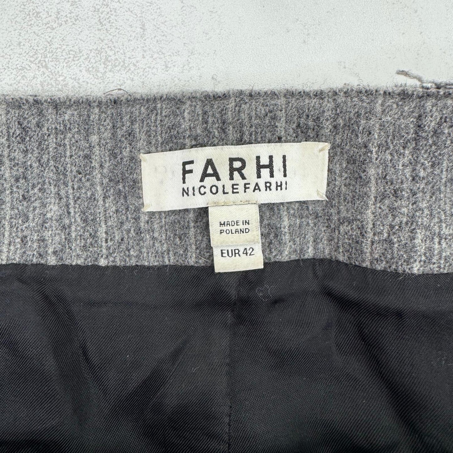 Nicole Farhi mini skirt pinstripe wool silk blend popper button grey pleat