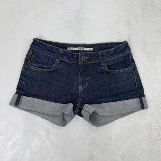 Y2K vintage denim mini shorts low rise stretchy dark blue wash turn up hem