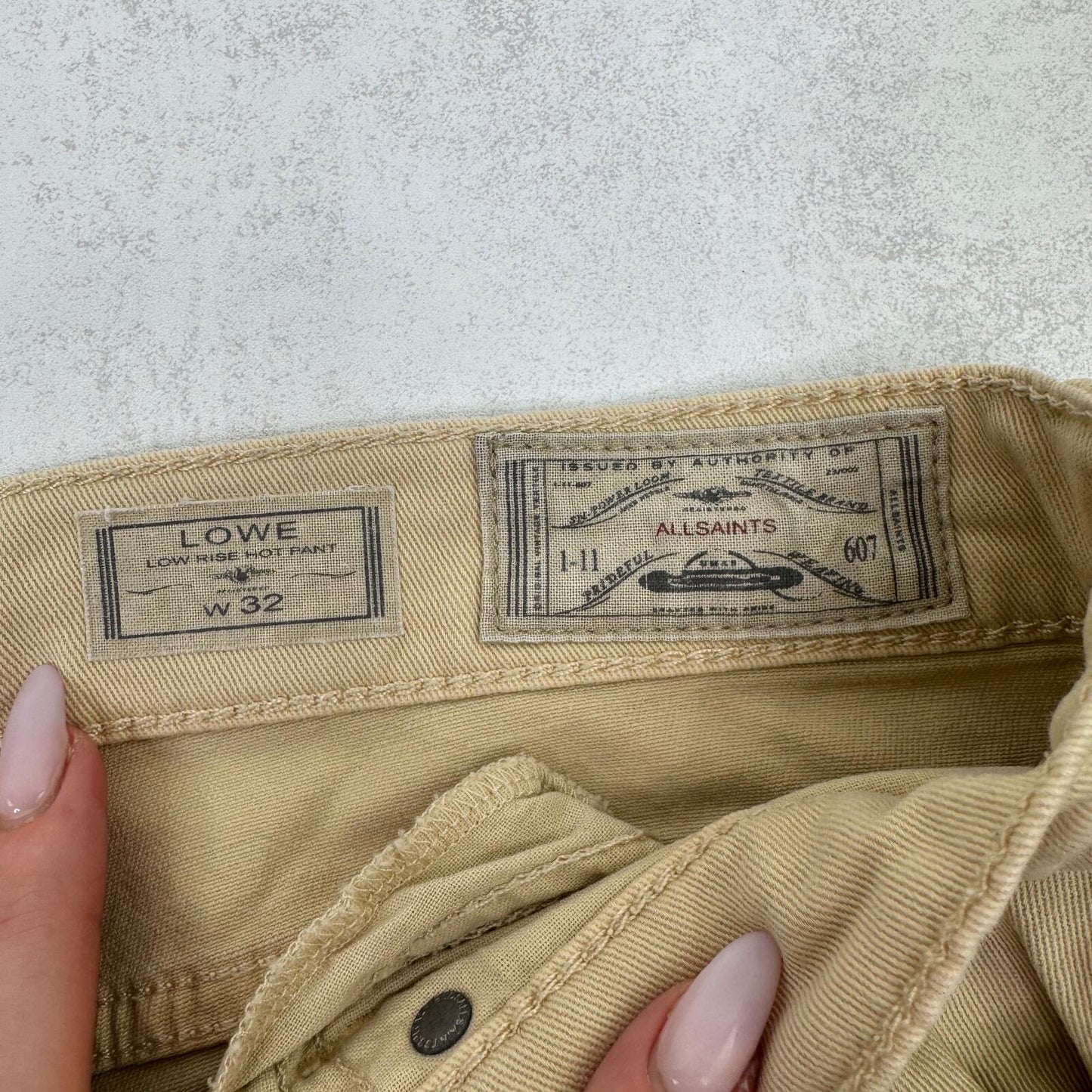 Vintage AllSaints denim mini shorts lowe stretchy low rise hot pant distressed