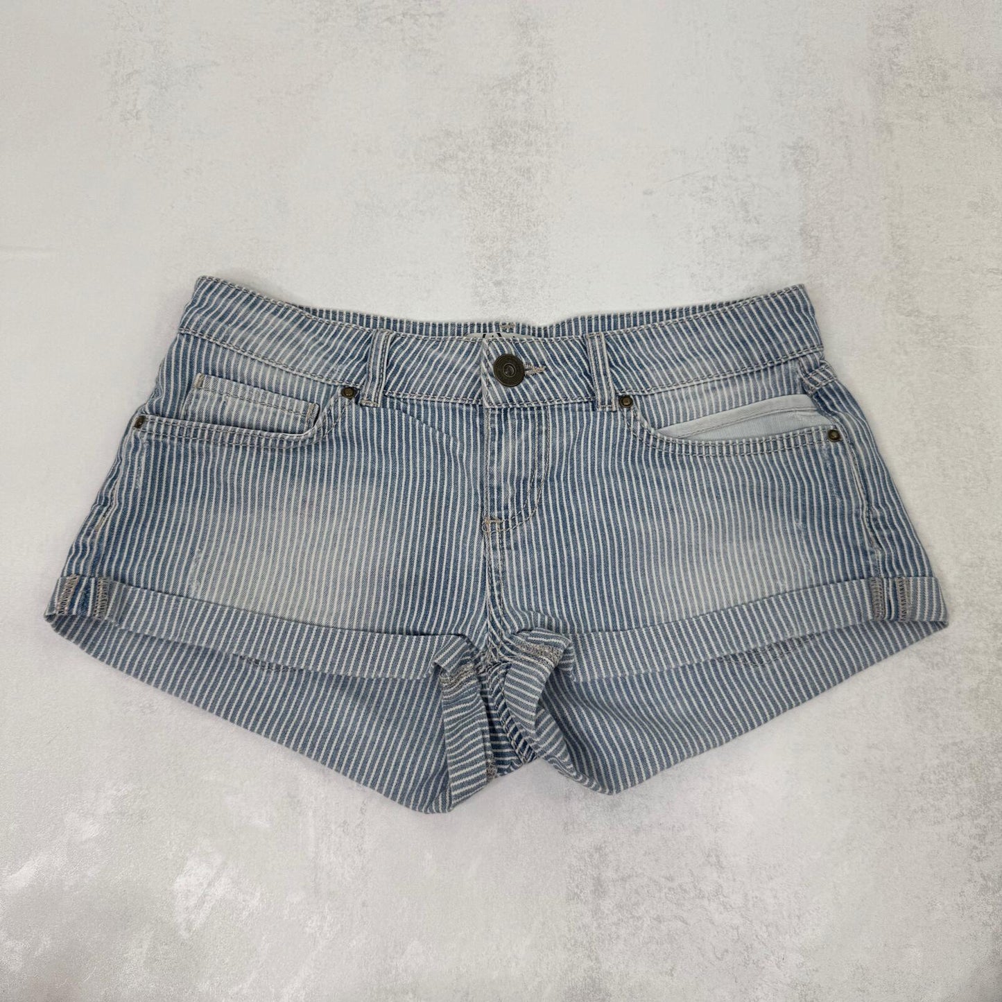 Y2K vintage low rise mini shorts denim faded turn up hem pinstripe