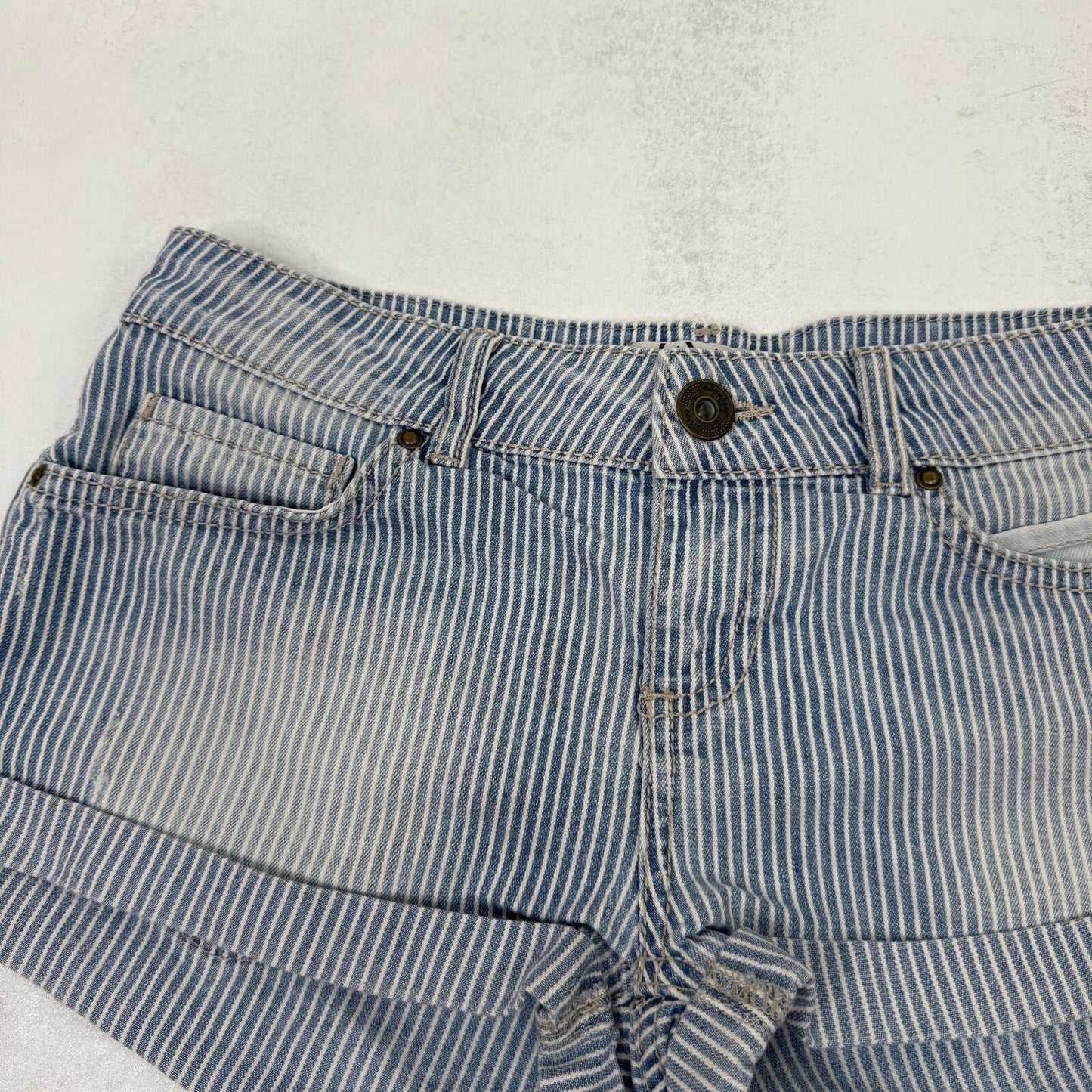 Y2K vintage low rise mini shorts denim faded turn up hem pinstripe