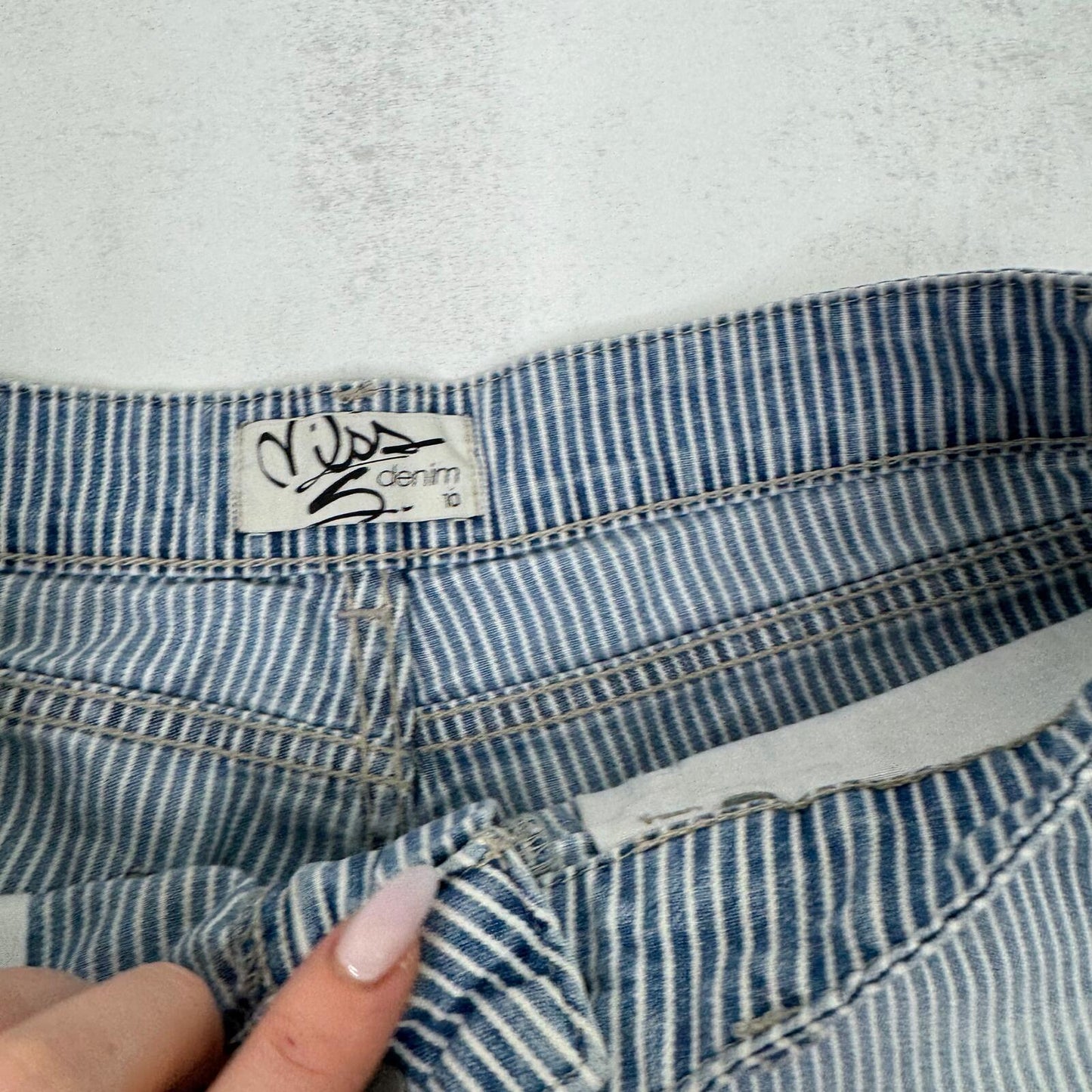 Y2K vintage low rise mini shorts denim faded turn up hem pinstripe