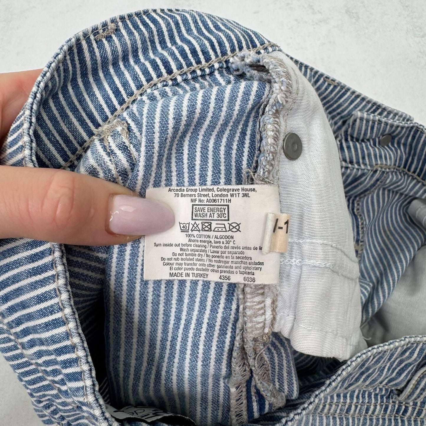 Y2K vintage low rise mini shorts denim faded turn up hem pinstripe