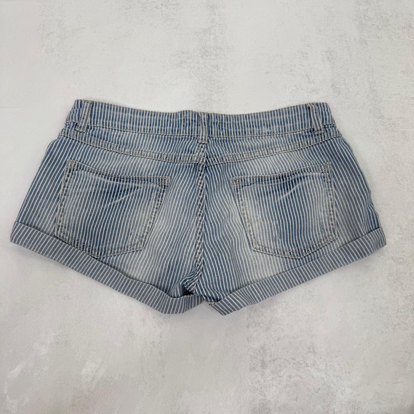 Y2K vintage low rise mini shorts denim faded turn up hem pinstripe