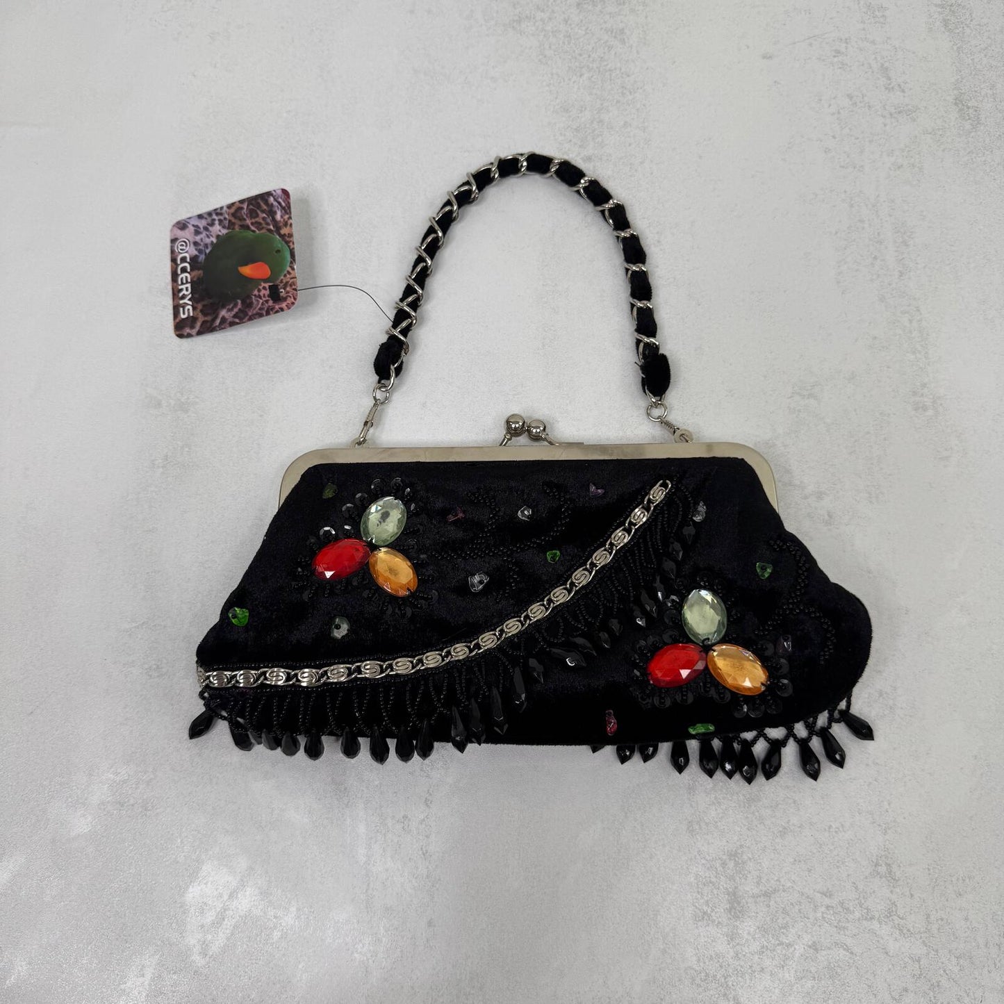Y2K vintage evening bag beaded velvet chain sequin small kiss lock silver