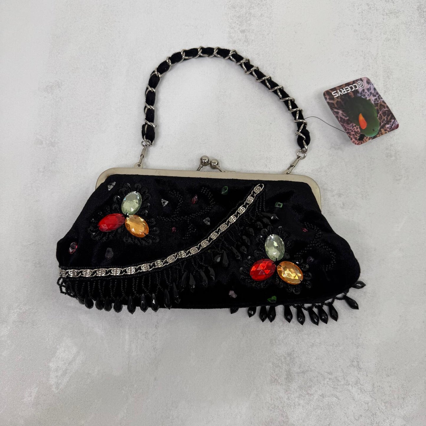 Y2K vintage evening bag beaded velvet chain sequin small kiss lock silver