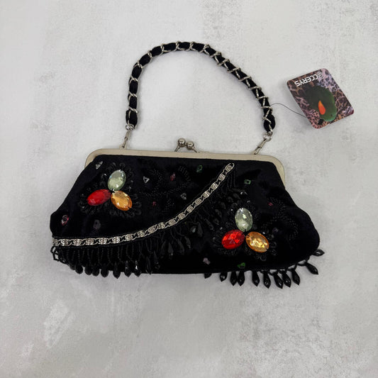 Y2K vintage evening bag beaded velvet chain sequin small kiss lock silver