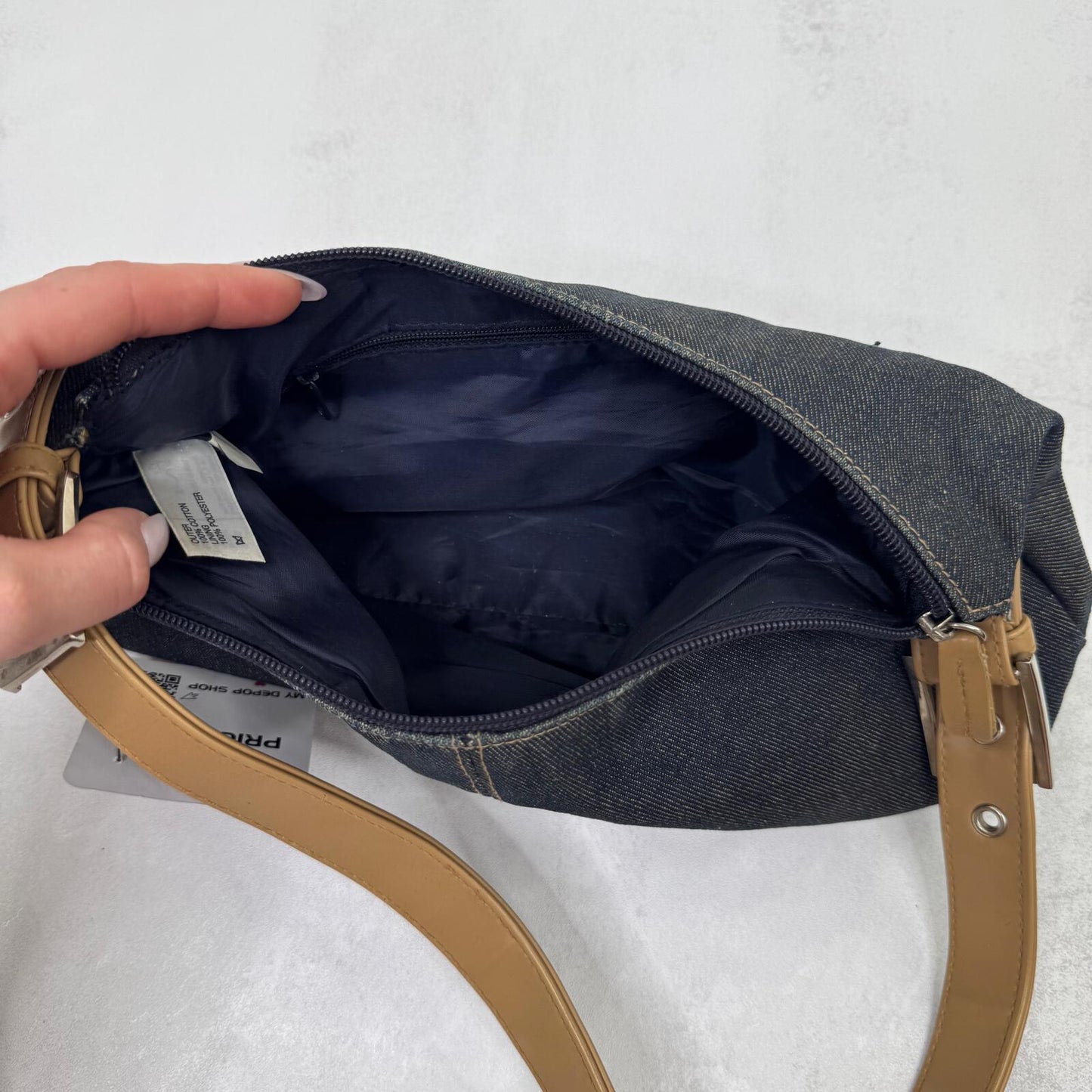 Y2K vintage shoulder bag mini small denim faux leather buckle zip closure