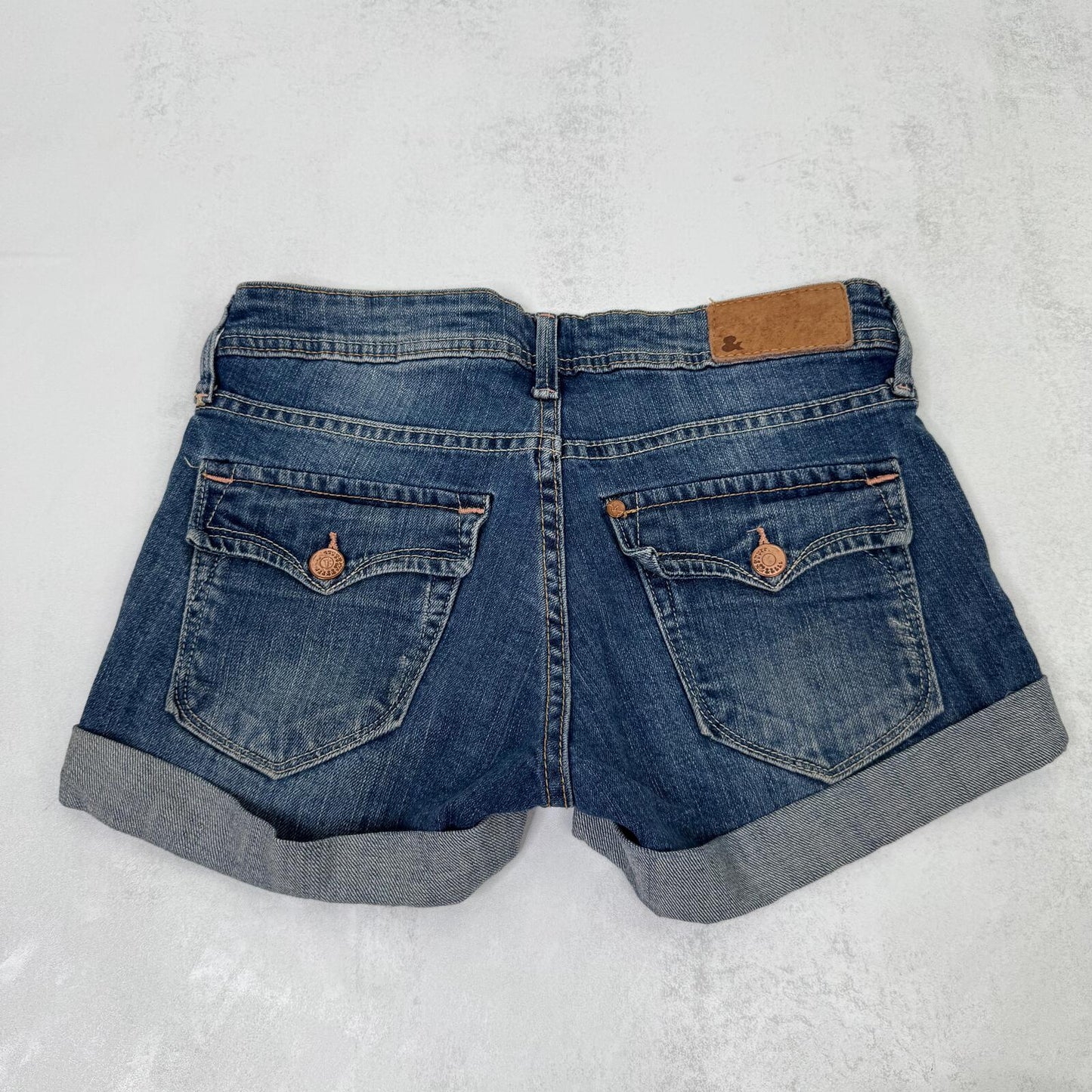 Y2K vintage low rise denim mini shorts cargo turn up hem faded blue stretchy