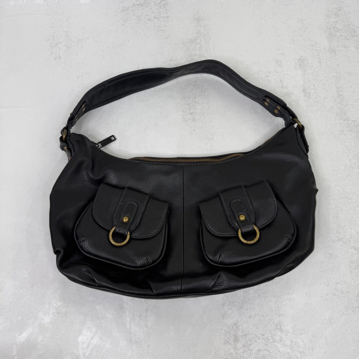Y2K vintage leather shoulder bag medium cargo pockets slouchy black studs o ring