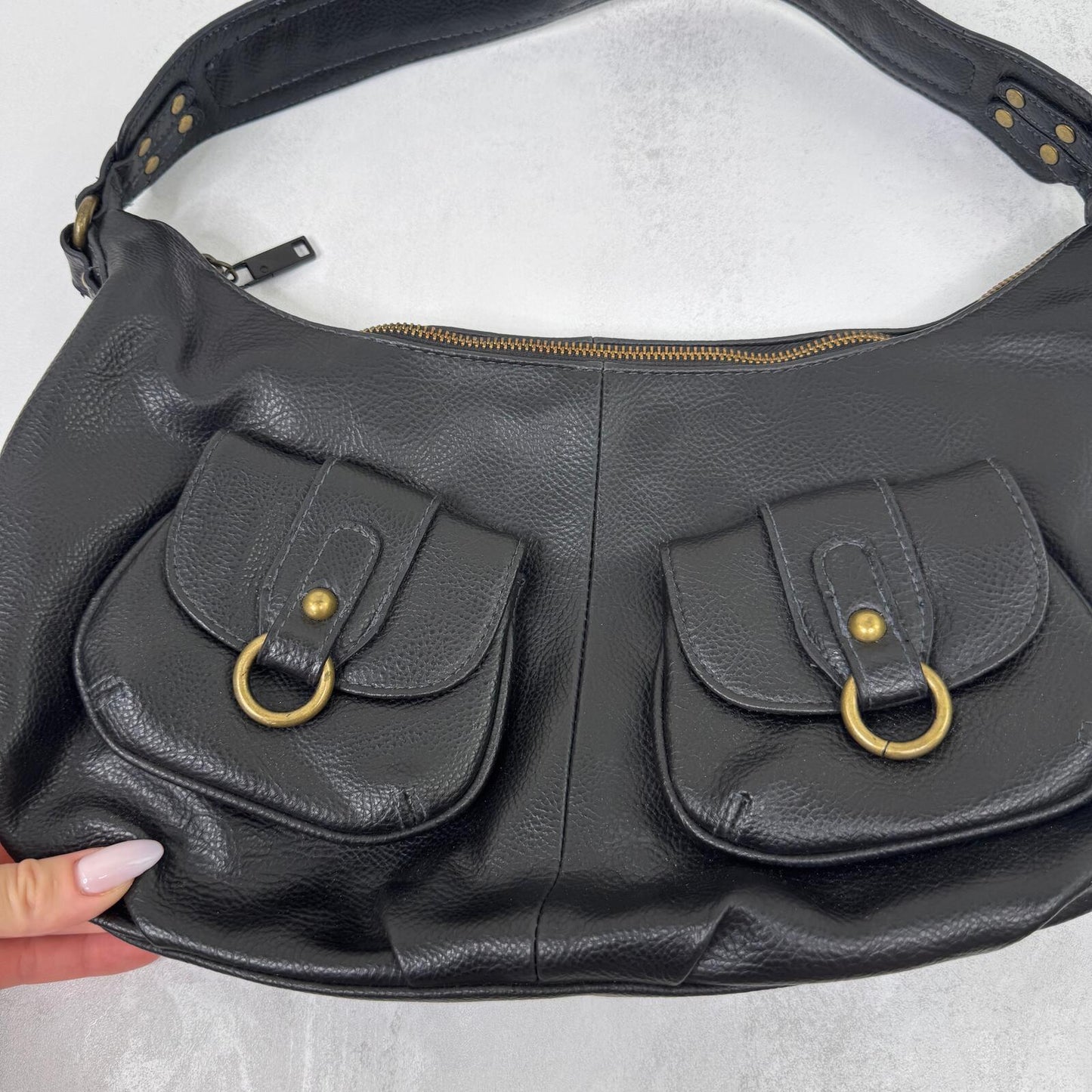 Y2K vintage leather shoulder bag medium cargo pockets slouchy black studs o ring