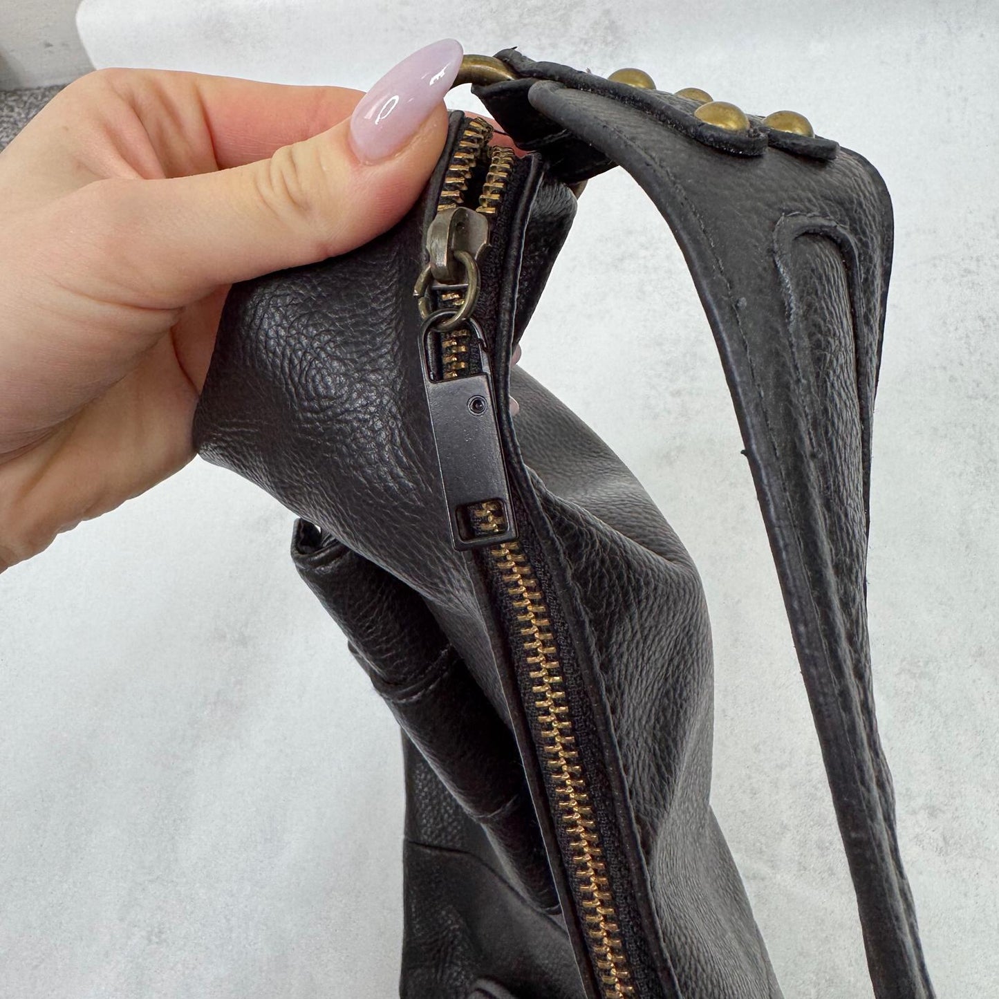 Y2K vintage leather shoulder bag medium cargo pockets slouchy black studs o ring
