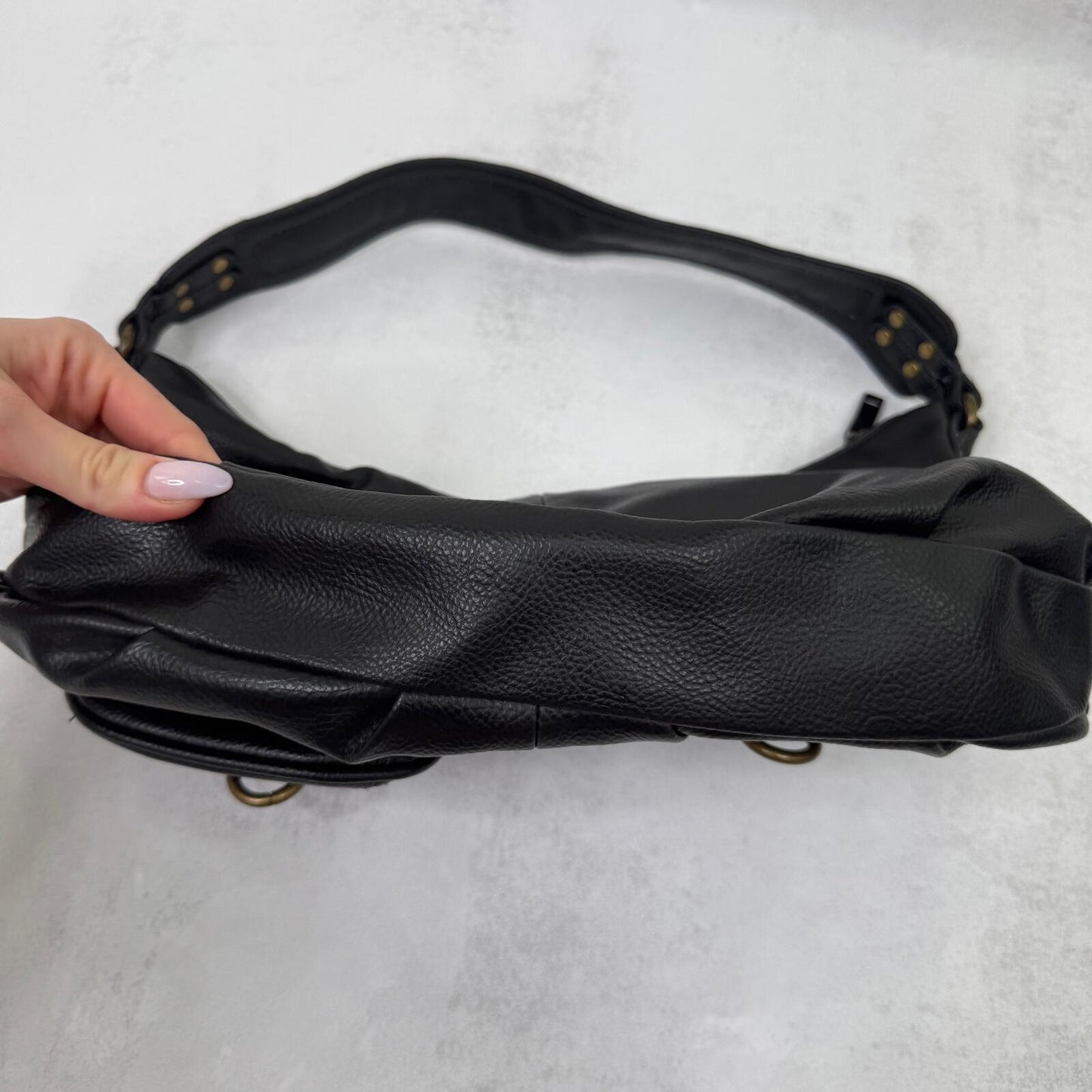 Y2K vintage leather shoulder bag medium cargo pockets slouchy black studs o ring
