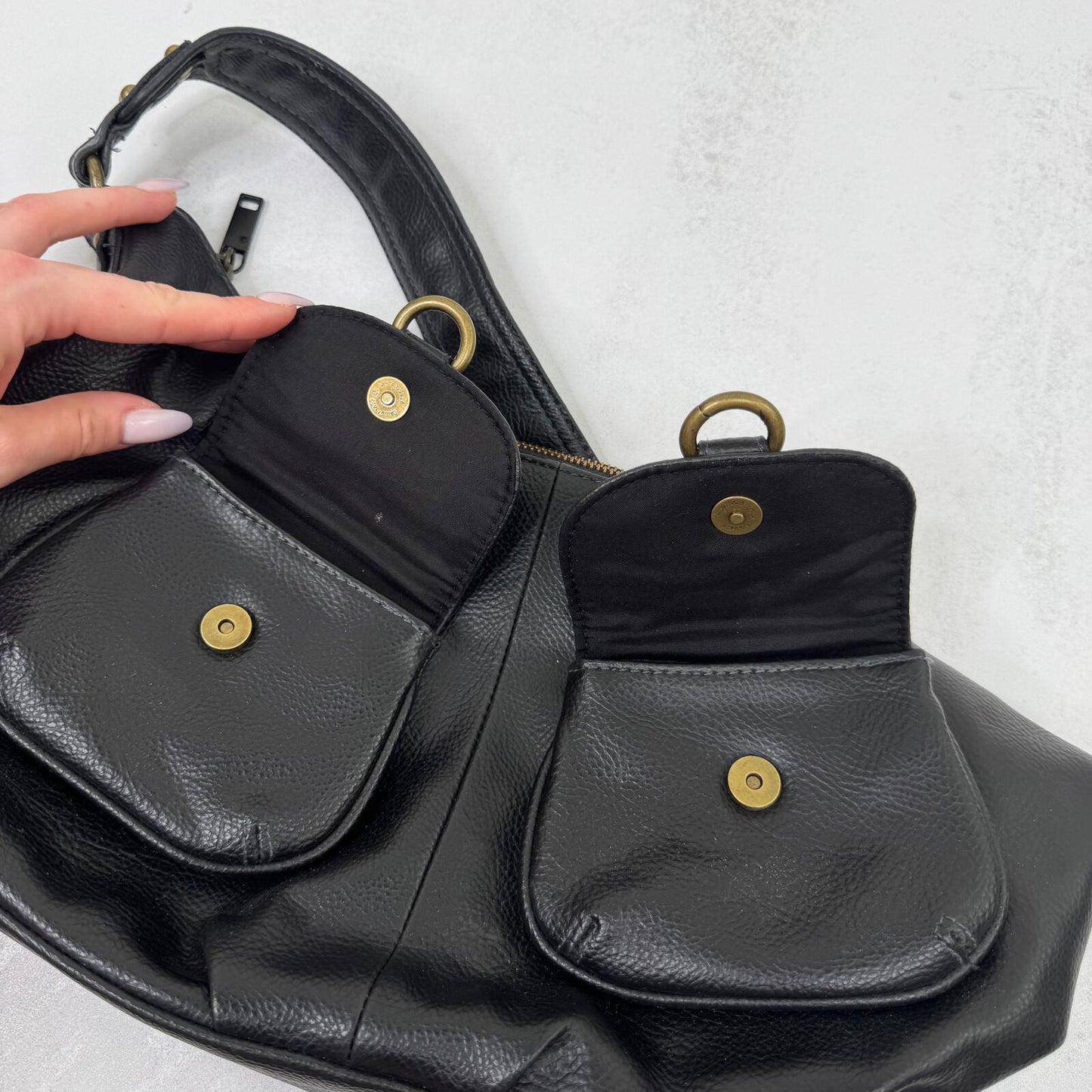 Y2K vintage leather shoulder bag medium cargo pockets slouchy black studs o ring