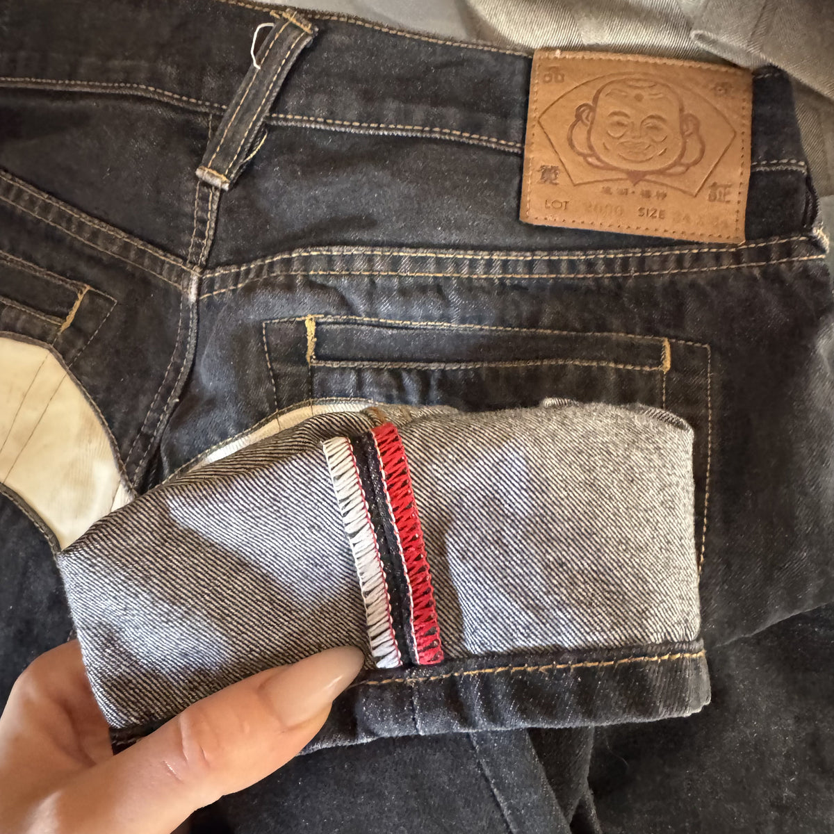 Y2K Vintage Evisu White Daicock Kamon Selvedge Jeans Dark Indigo Denim