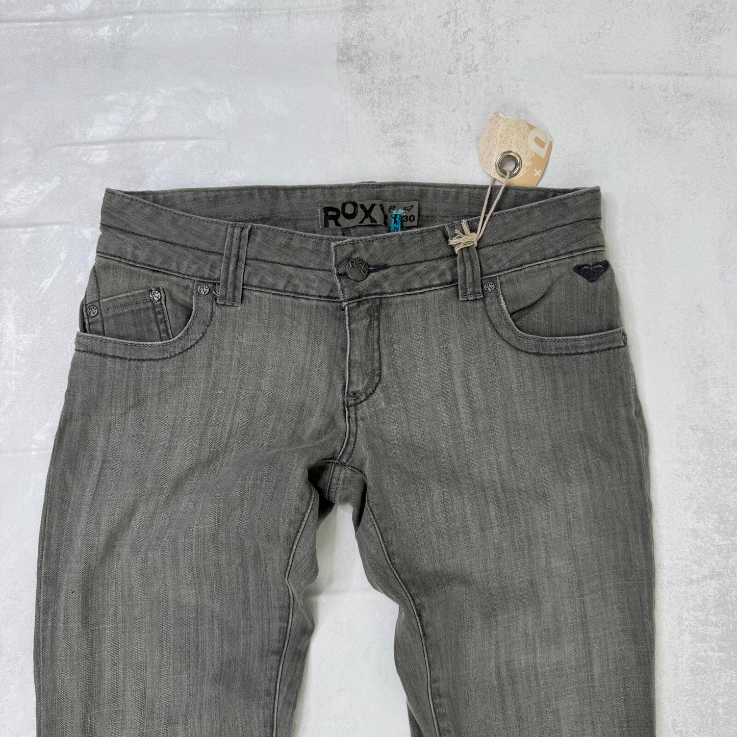 Y2K vintage Roxy low rise bootcut denim jeans grey embroidered pockets stretchy