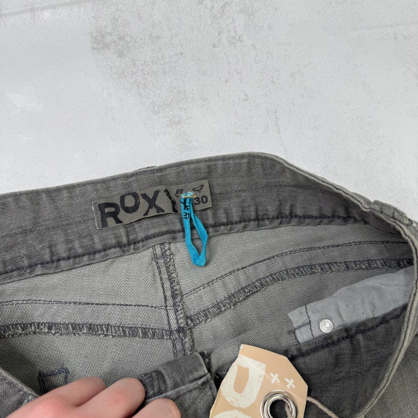 Y2K vintage Roxy low rise bootcut denim jeans grey embroidered pockets stretchy