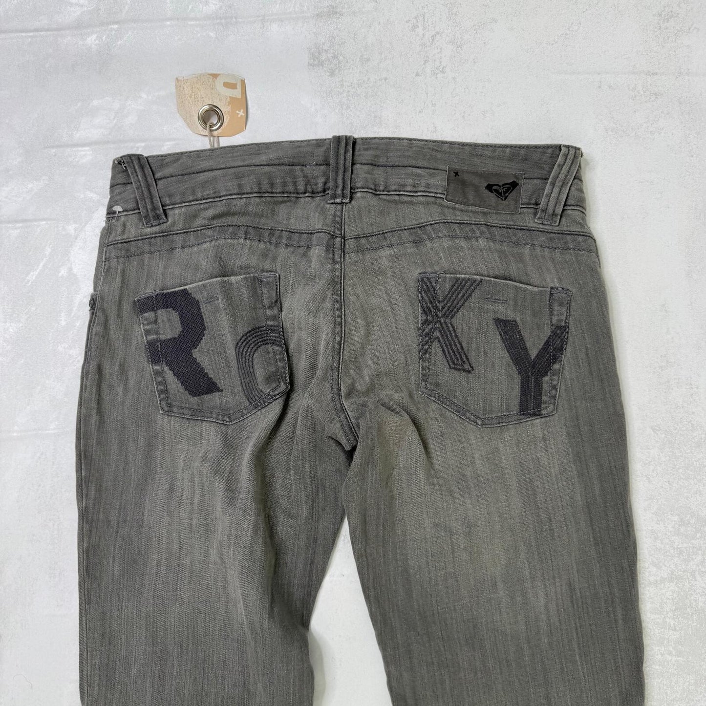 Y2K vintage Roxy low rise bootcut denim jeans grey embroidered pockets stretchy