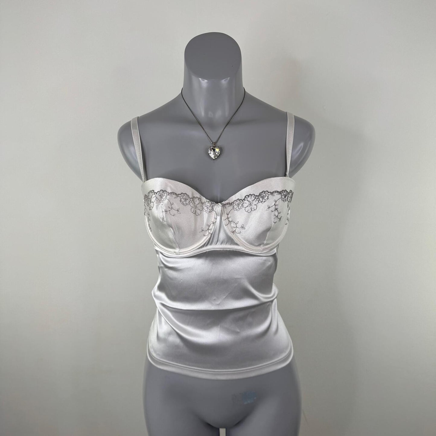Y2K vintage bustier top satin floral embroidered strapless fitted underwire