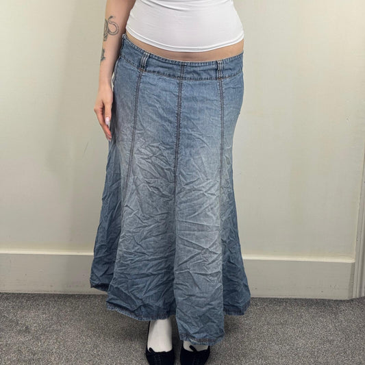 Y2K vintage denim maxi skirt light blue faded wash a line long full length