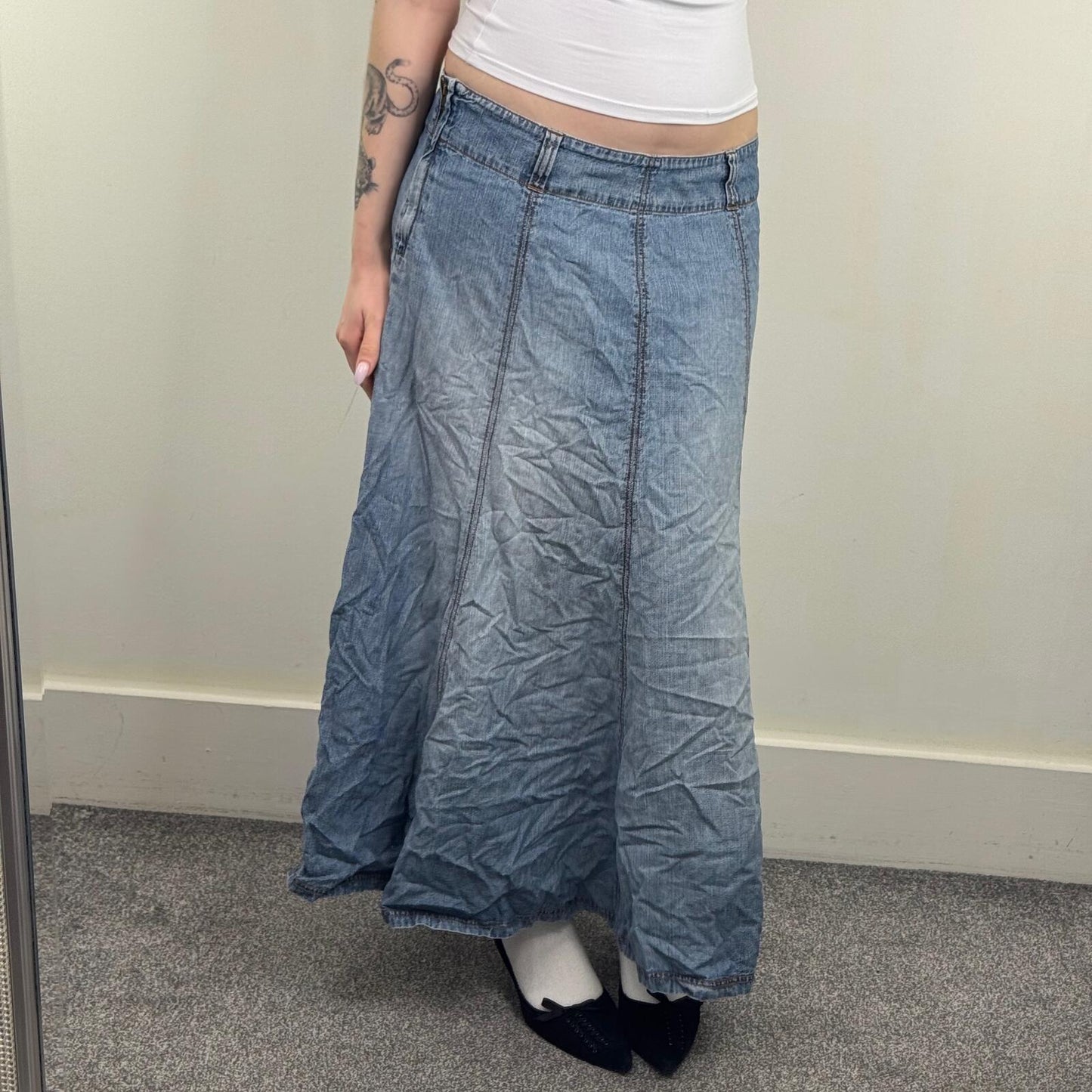 Y2K vintage denim maxi skirt light blue faded wash a line long full length