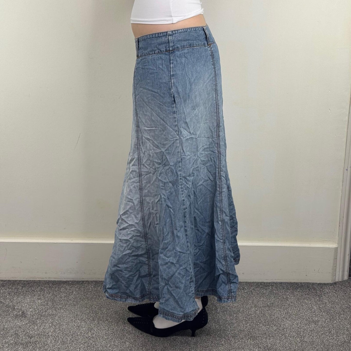 Y2K vintage denim maxi skirt light blue faded wash a line long full length
