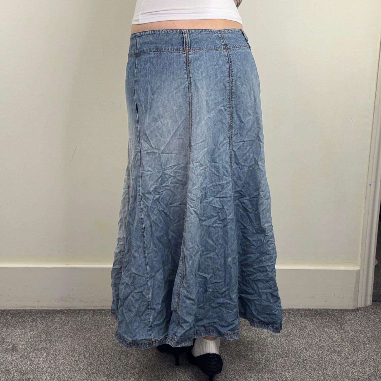 Y2K vintage denim maxi skirt light blue faded wash a line long full length