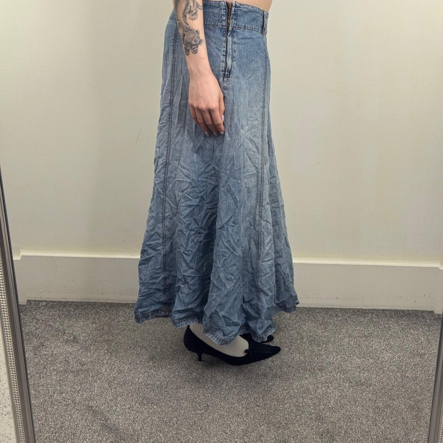 Y2K vintage denim maxi skirt light blue faded wash a line long full length