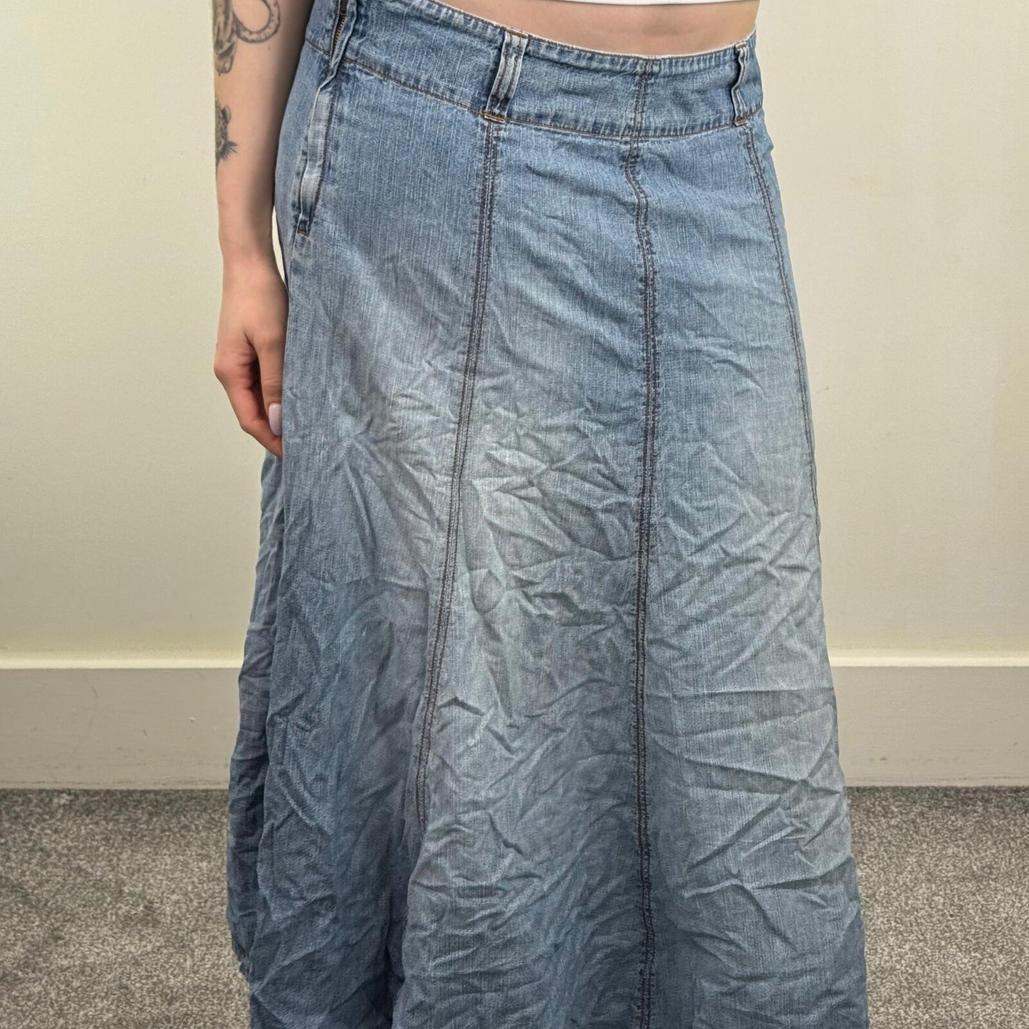 Y2K vintage denim maxi skirt light blue faded wash a line long full length